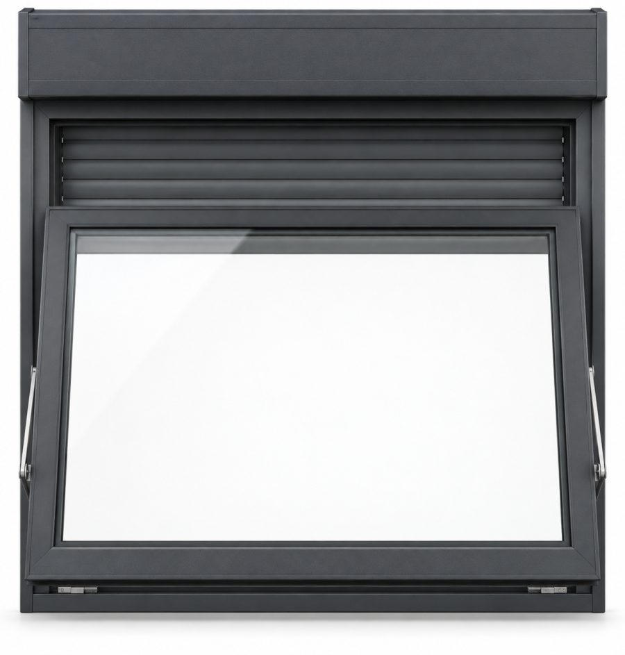 Ventana de PVC abatible de una hoja en gris antracita RAL 7016 con vidrio de control solar y con persiana monoblock de aluminio