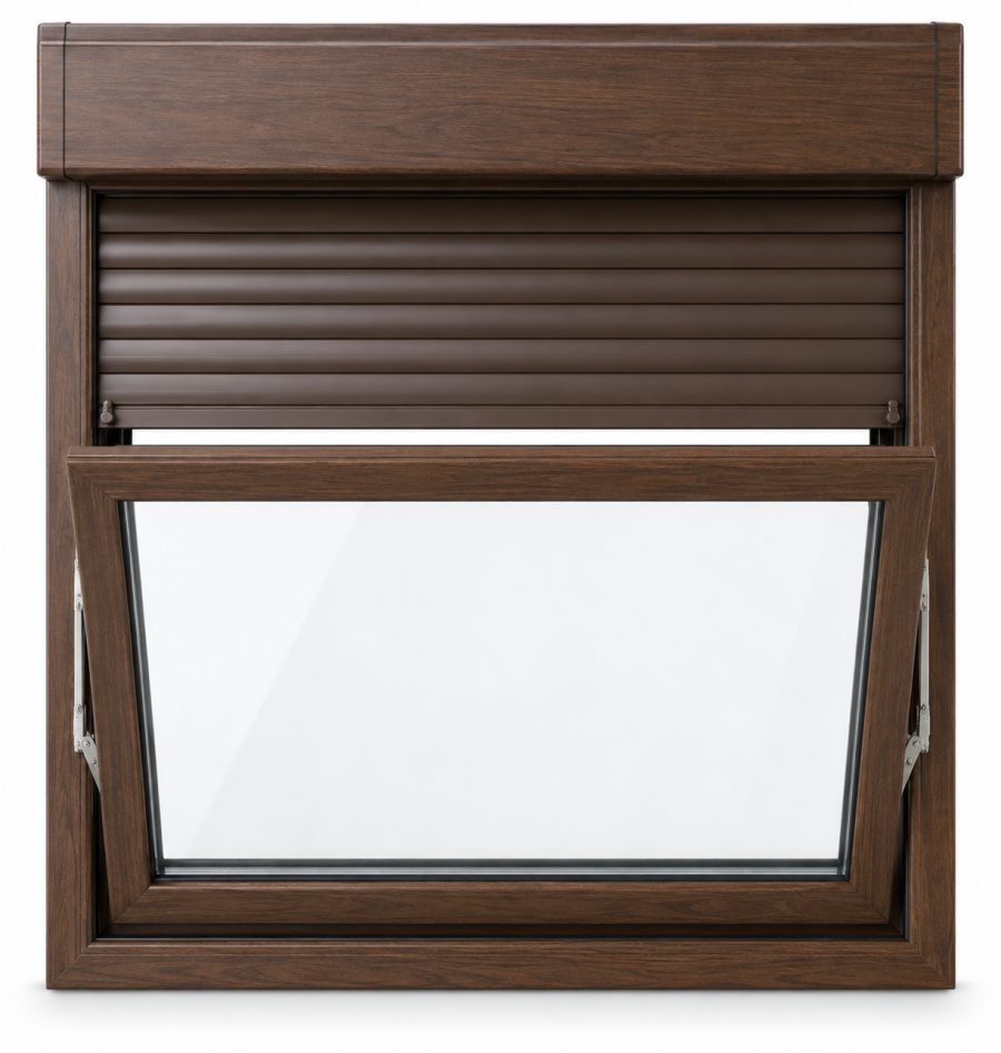 Ventana de PVC abatible de una hoja en nogal con vidrio mate satinado y con persiana motorizada