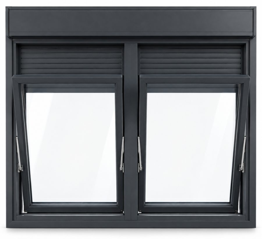 Ventana de PVC abatible de dos hojas en gris antracita RAL 7016 con vidrio de control solar y con persiana motorizada por mando y app