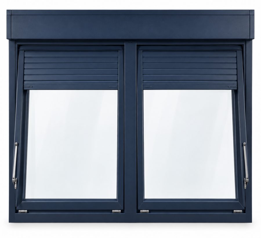 Ventana de PVC abatible de dos hojas en azul RAL 5011 con vidrio de control solar, con persiana motorizada y con herraje antipalanca RC1