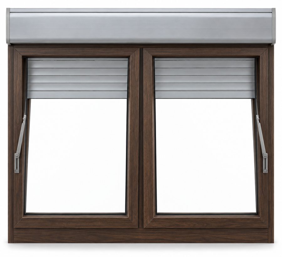 Ventana de PVC abatible de dos hojas en nogal con vidrio acústico de 42 dB y con persiana monoblock de aluminio
