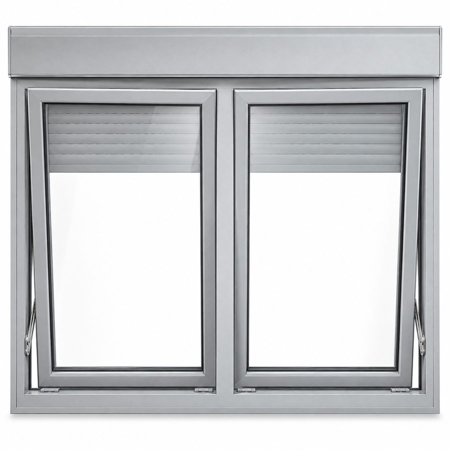 Ventana de PVC abatible de dos hojas en gris plata RAL 9006 con triple acristalamiento 4/14/4/14/4, con persiana motorizada por mando y app y con herraje antirrobo RC2 certificado