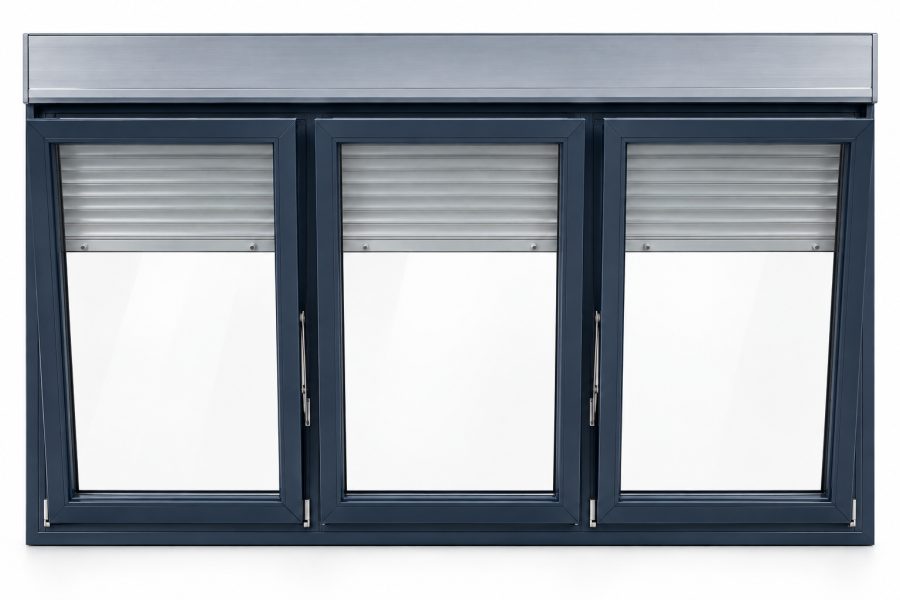Ventana de PVC abatible de tres hojas en azul RAL 5011 con vidrio de control solar, con persiana motorizada y con herraje antirrobo RC2 certificado