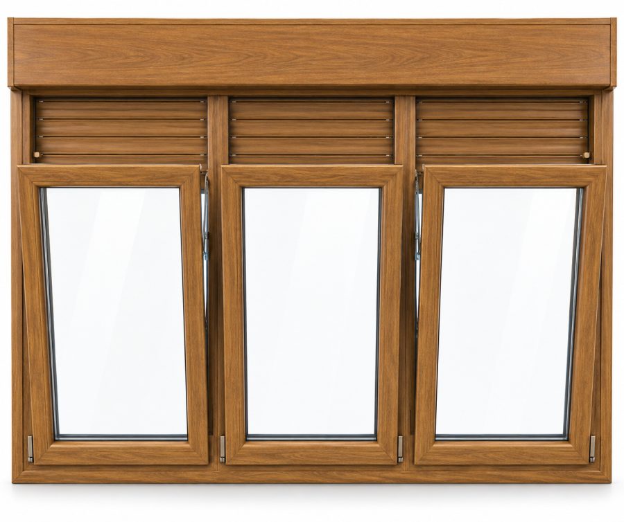 Ventana de PVC abatible de tres hojas en roble dorado con vidrio acústico de 42 dB, con persiana motorizada y con herraje antirrobo RC2 certificado