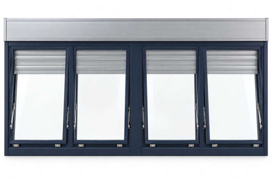 Ventana de PVC abatible de cuatro hojas en azul RAL 5011 con vidrio mate satinado y con persiana monoblock de aluminio