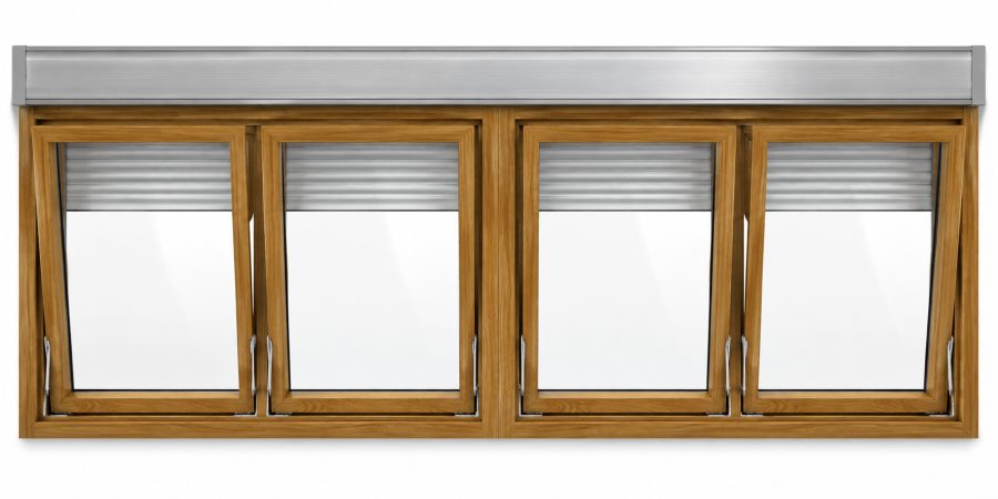 Ventana de PVC abatible de cuatro hojas en roble dorado con vidrio acústico de 42 dB, con persiana motorizada y con herraje antirrobo RC2 certificado