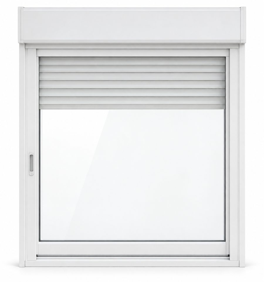 Ventana de PVC corredera de una hoja en blanco con vidrio mate satinado y con persiana monoblock de aluminio
