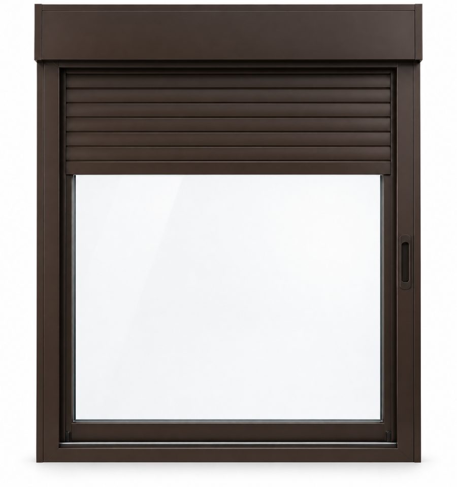 Ventana de PVC corredera de una hoja en marrón RAL 8017 con vidrio mate satinado, con persiana monoblock de aluminio y con herraje antirrobo RC2 certificado