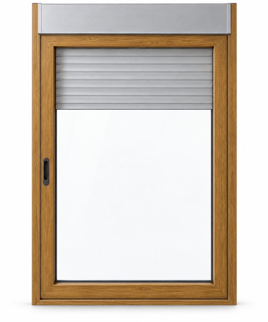Ventana de PVC corredera de una hoja en roble dorado con vidrio mate satinado y con persiana monoblock de aluminio