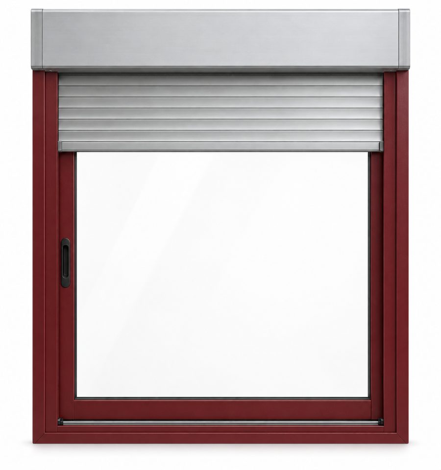 Ventana de PVC corredera de una hoja en rojo RAL 3004 con vidrio mate satinado, con persiana monoblock de aluminio y con herraje antirrobo RC2 certificado