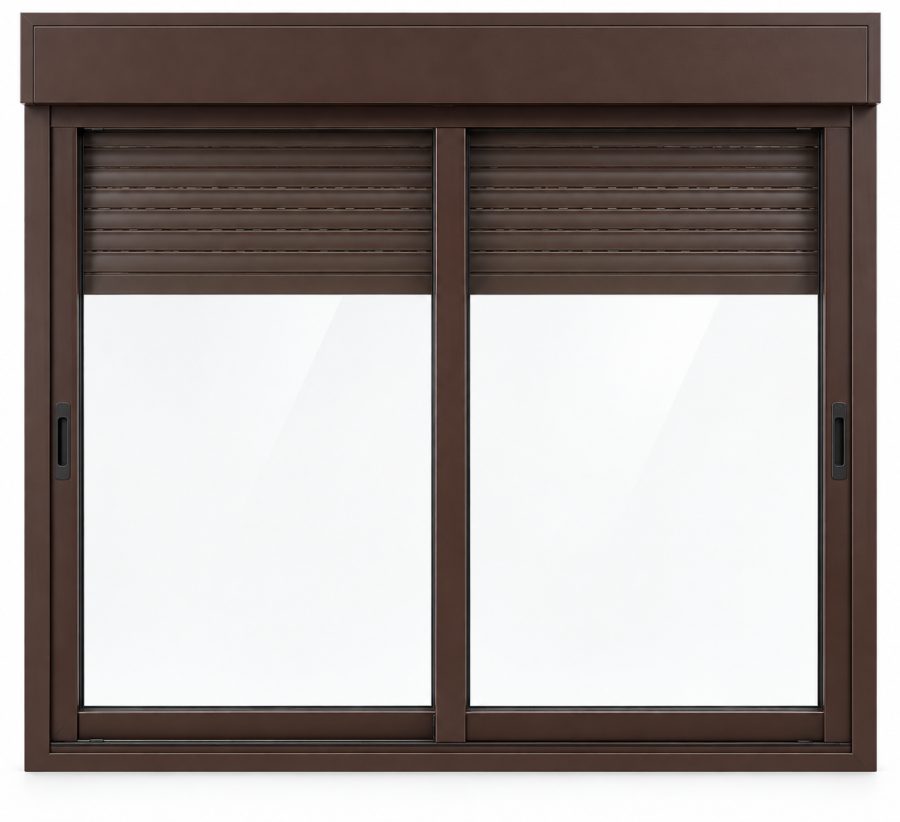 Ventana de PVC corredera de dos hojas en marrón RAL 8017 con vidrio acústico de 42 dB y con persiana motorizada
