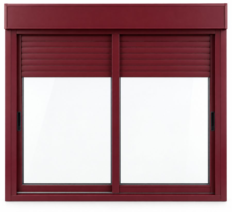 Ventana de PVC corredera de dos hojas en rojo RAL 3004 con vidrio mate satinado y con persiana monoblock de aluminio