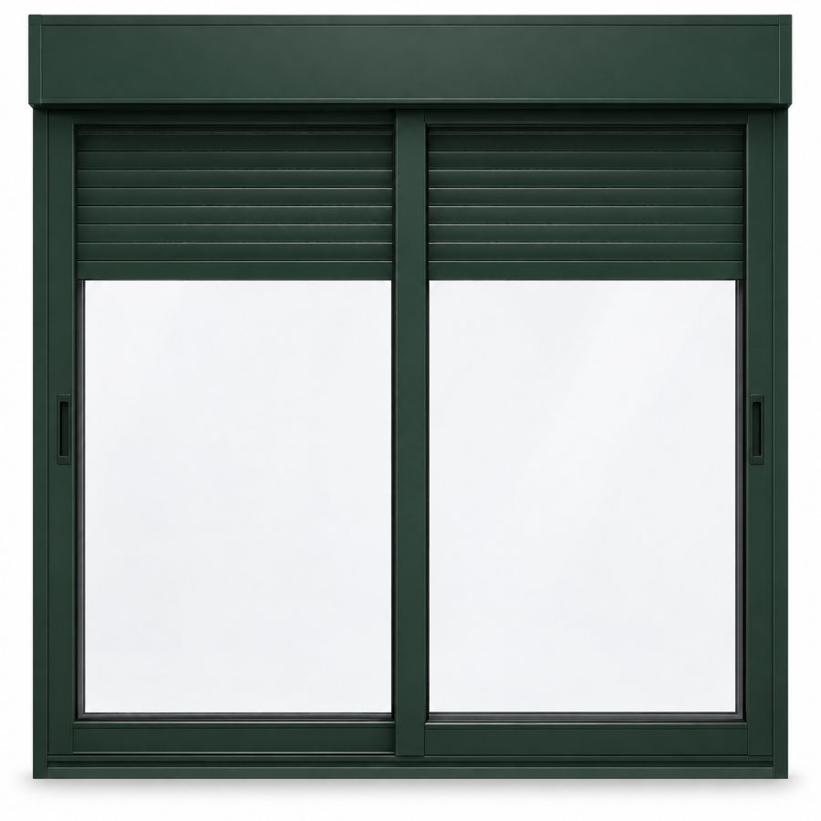 Ventana de PVC corredera de dos hojas en verde RAL 6009 con vidrio acústico de 42 dB y con persiana motorizada