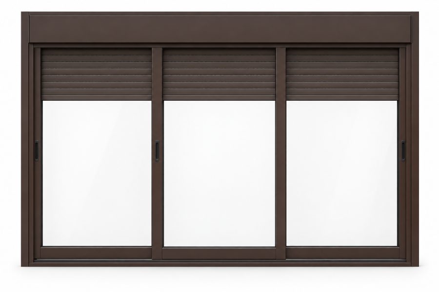 Ventana de PVC corredera de tres hojas en marrón RAL 8017 con vidrio mate satinado y con persiana motorizada