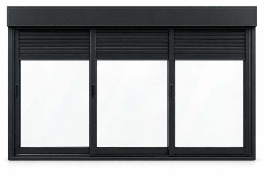 Ventana de PVC corredera de tres hojas en negro RAL 9005 con vidrio doble bajo emisivo 4/16/4, con persiana motorizada por mando y app y con herraje antirrobo RC2 certificado