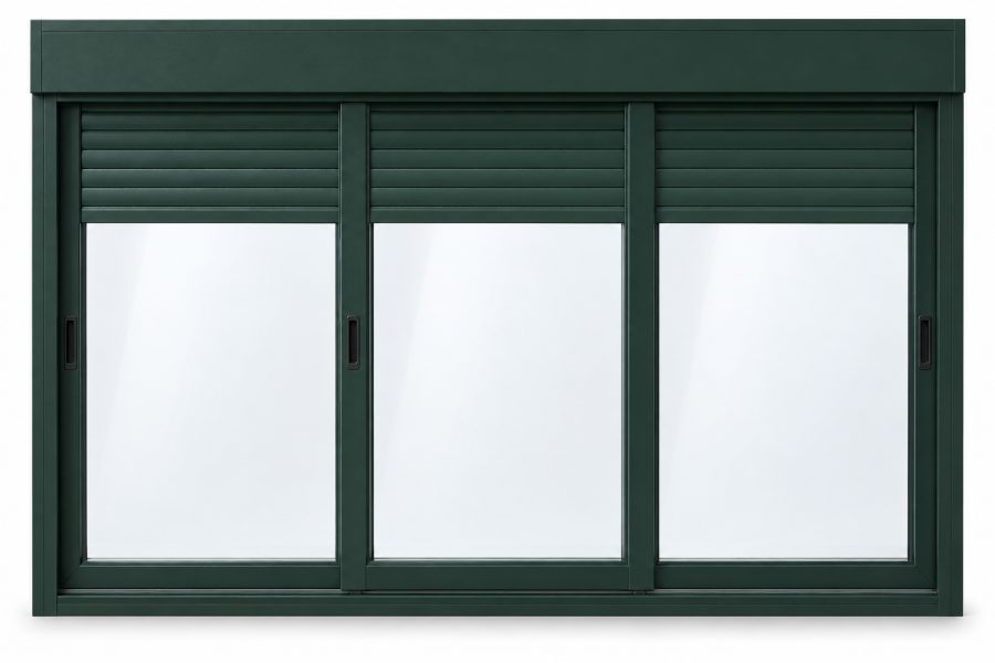 Ventana de PVC corredera de tres hojas en verde RAL 6009 con vidrio mate satinado y con persiana motorizada