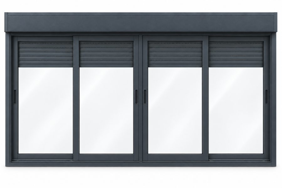 Ventana de PVC corredera de cuatro hojas en gris antracita RAL 7016 con vidrio acústico de 42 dB, con persiana monoblock de aluminio y con herraje antipalanca RC1
