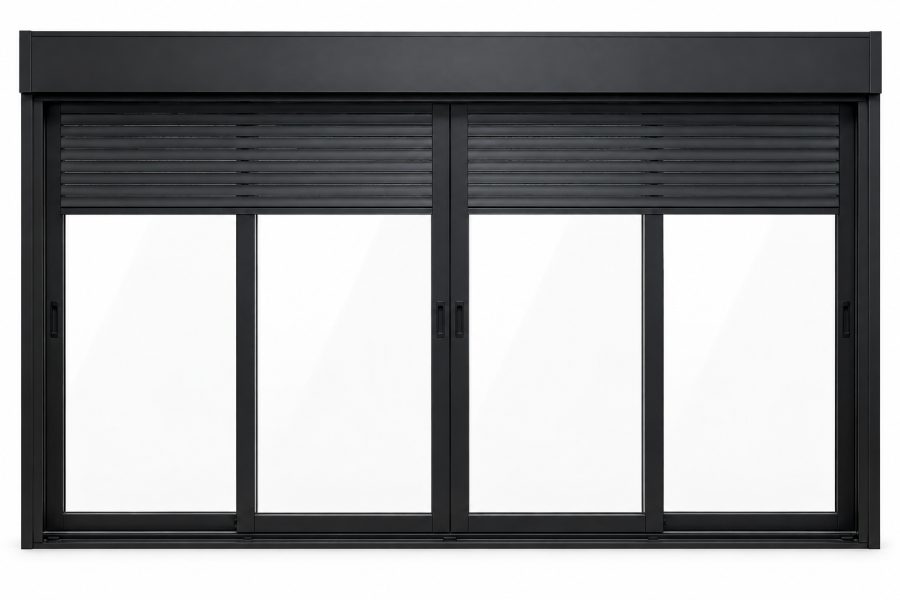 Ventana de PVC corredera de cuatro hojas en negro RAL 9005 con vidrio de control solar y con persiana motorizada