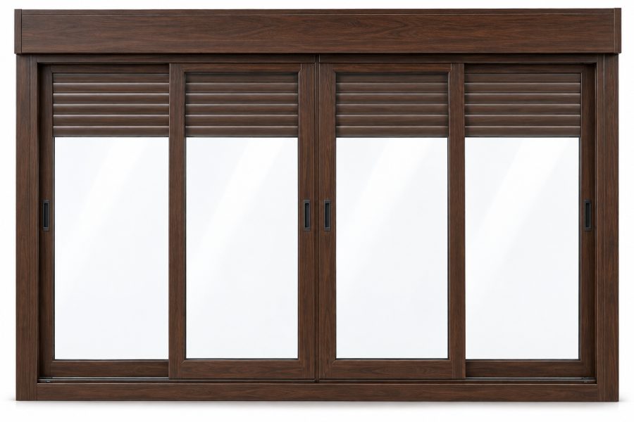 Ventana de PVC corredera de cuatro hojas en nogal con vidrio doble bajo emisivo 4/16/4 y con persiana motorizada