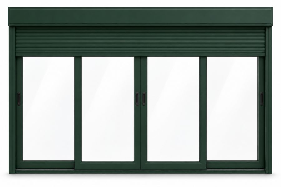 Ventana de PVC corredera de cuatro hojas en verde RAL 6009 con vidrio mate satinado y con persiana motorizada