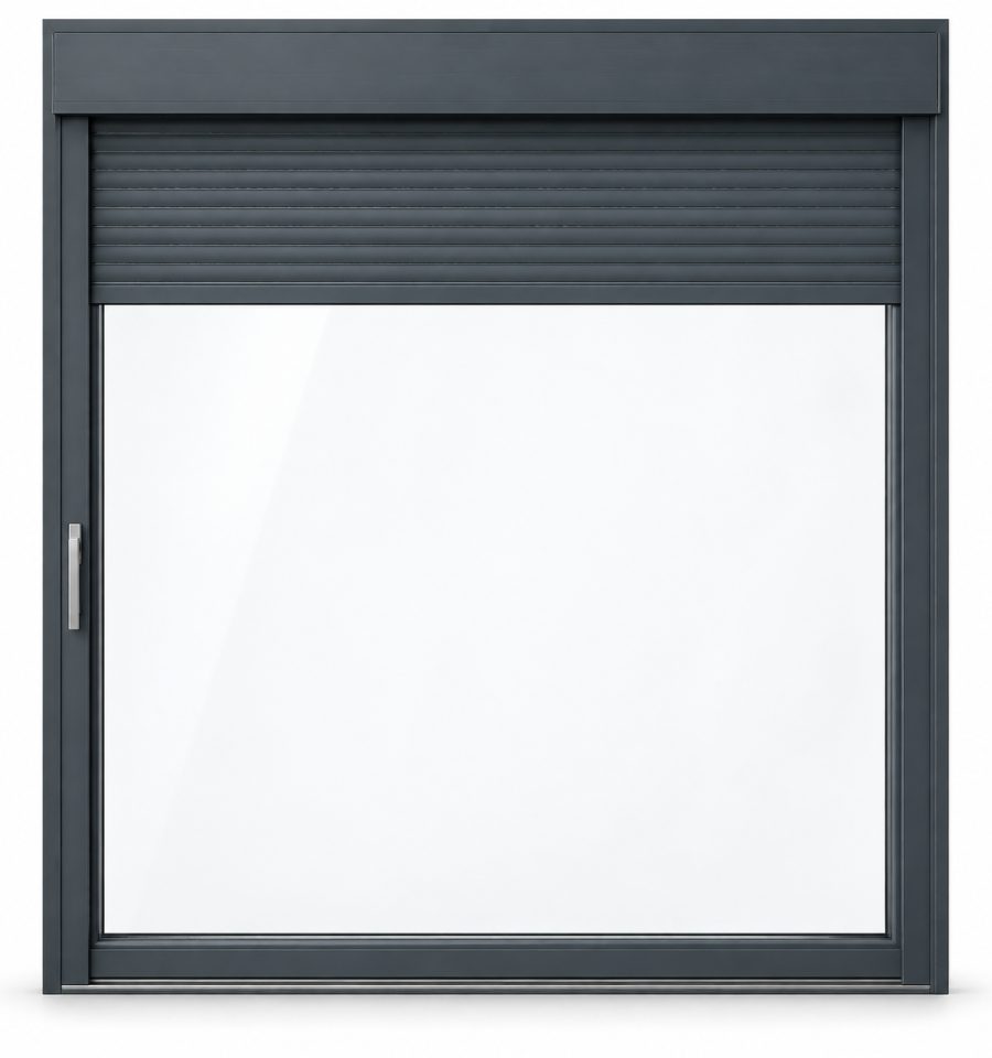 Ventana de PVC corredera elevadora de una hoja en gris antracita RAL 7016 con vidrio doble reforzado 6/20/6, con persiana monoblock de aluminio y con herraje antirrobo RC2 certificado