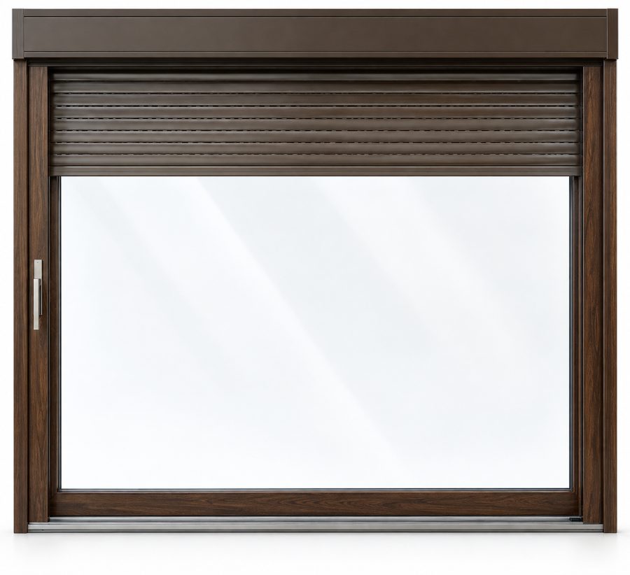 Ventana de PVC corredera elevadora de una hoja en nogal con triple acristalamiento 4/14/4/14/4 y con persiana monoblock de aluminio