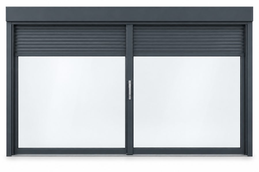 Ventana de PVC corredera elevadora de dos hojas en gris antracita RAL 7016 con vidrio de control solar, con persiana motorizada y con herraje antipalanca RC1