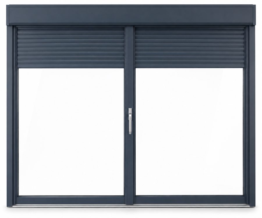 Ventana de PVC corredera elevadora de dos hojas en azul RAL 5011 con vidrio de control solar, con persiana motorizada por mando y app y con herraje antirrobo RC2 certificado