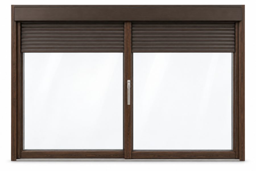 Ventana de PVC corredera elevadora de dos hojas en nogal con vidrio acústico de 42 dB y con persiana monoblock de aluminio