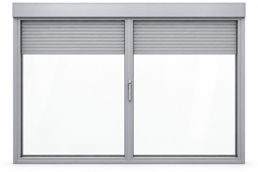 Ventana de PVC corredera elevadora de dos hojas en gris plata RAL 9006 con vidrio doble reforzado 6/20/6 y con persiana motorizada por mando y app