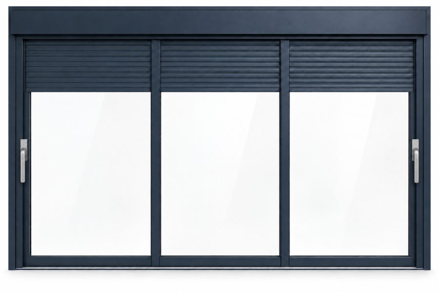 Ventana de PVC corredera elevadora de tres hojas en azul RAL 5011 con vidrio mate satinado y con persiana motorizada por mando y app