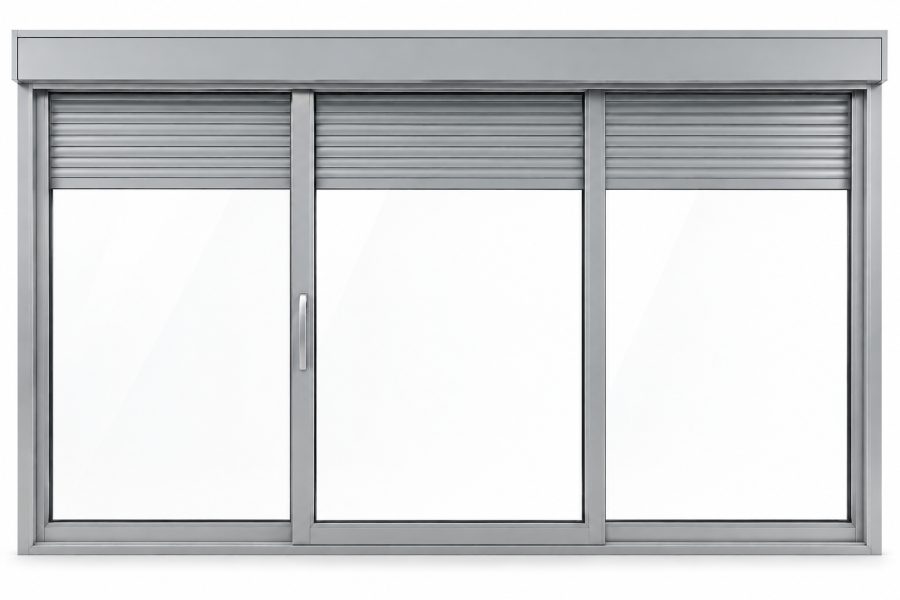Ventana de PVC corredera elevadora de tres hojas en gris plata RAL 9006 con vidrio de control solar y con persiana motorizada