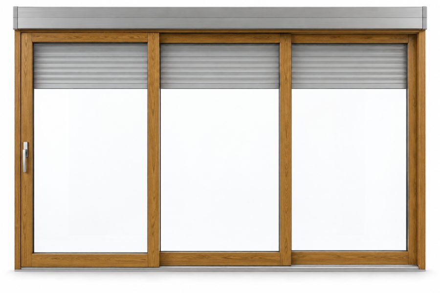 Ventana de PVC corredera elevadora de tres hojas en roble dorado con vidrio acústico de 42 dB, con persiana motorizada por mando y app y con herraje antirrobo RC2 certificado