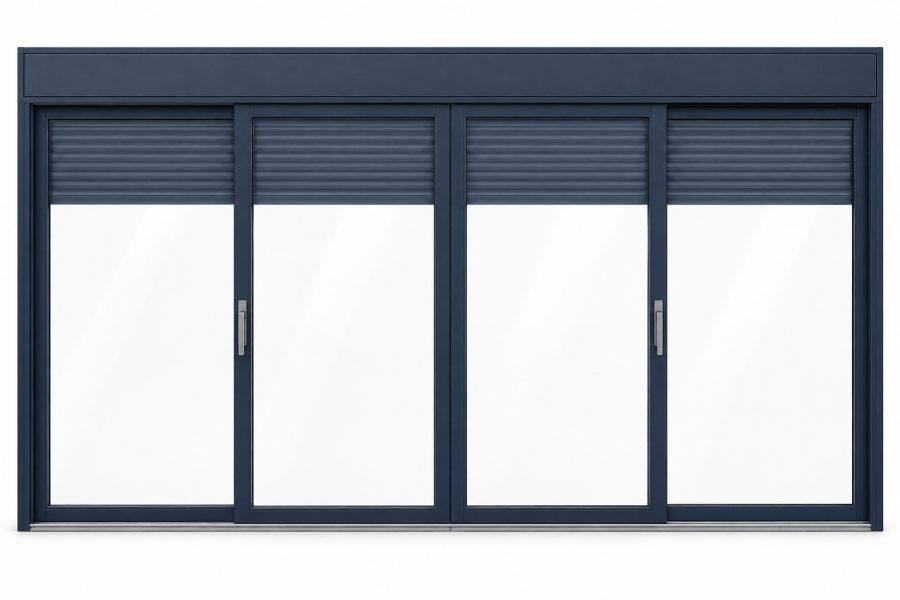 Ventana de PVC corredera elevadora de cuatro hojas en azul RAL 5011 con vidrio mate satinado y con persiana motorizada por mando y app
