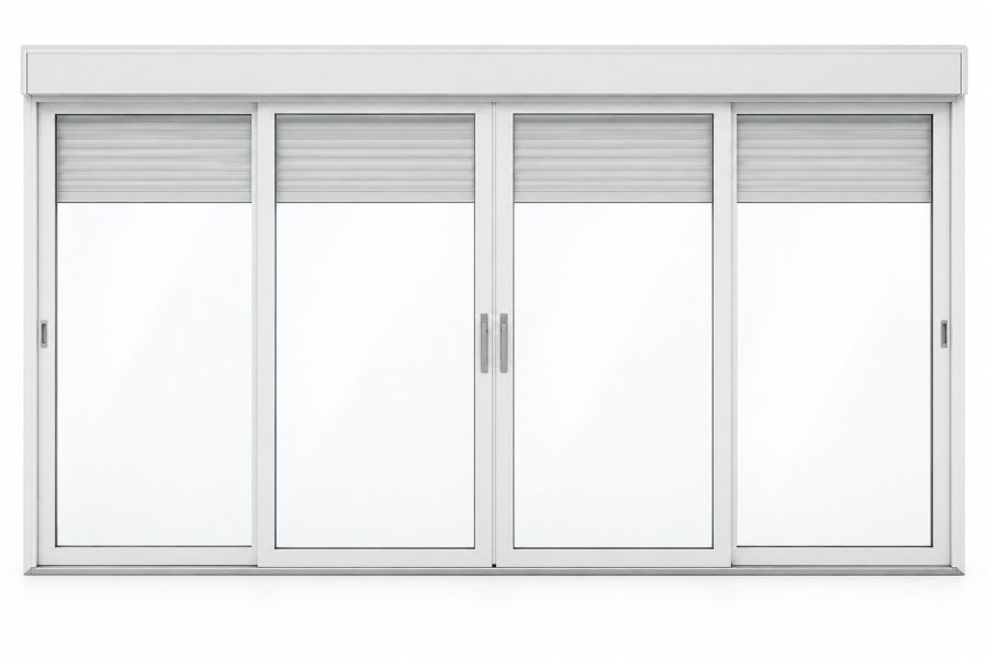 Ventana de PVC corredera elevadora de cuatro hojas en blanco con vidrio laminado de seguridad 33.1, con persiana motorizada y con herraje antipalanca RC1