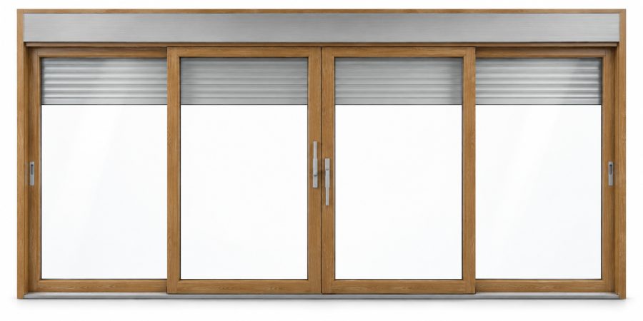 Ventana de PVC corredera elevadora de cuatro hojas en roble dorado con vidrio acústico de 42 dB, con persiana motorizada por mando y app y con herraje antirrobo RC2 certificado