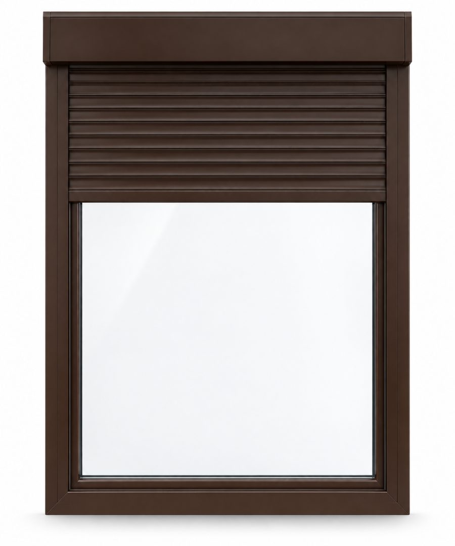Ventana de PVC fija de una hoja en marrón RAL 8017 con vidrio acústico de 42 dB y con persiana monoblock de aluminio