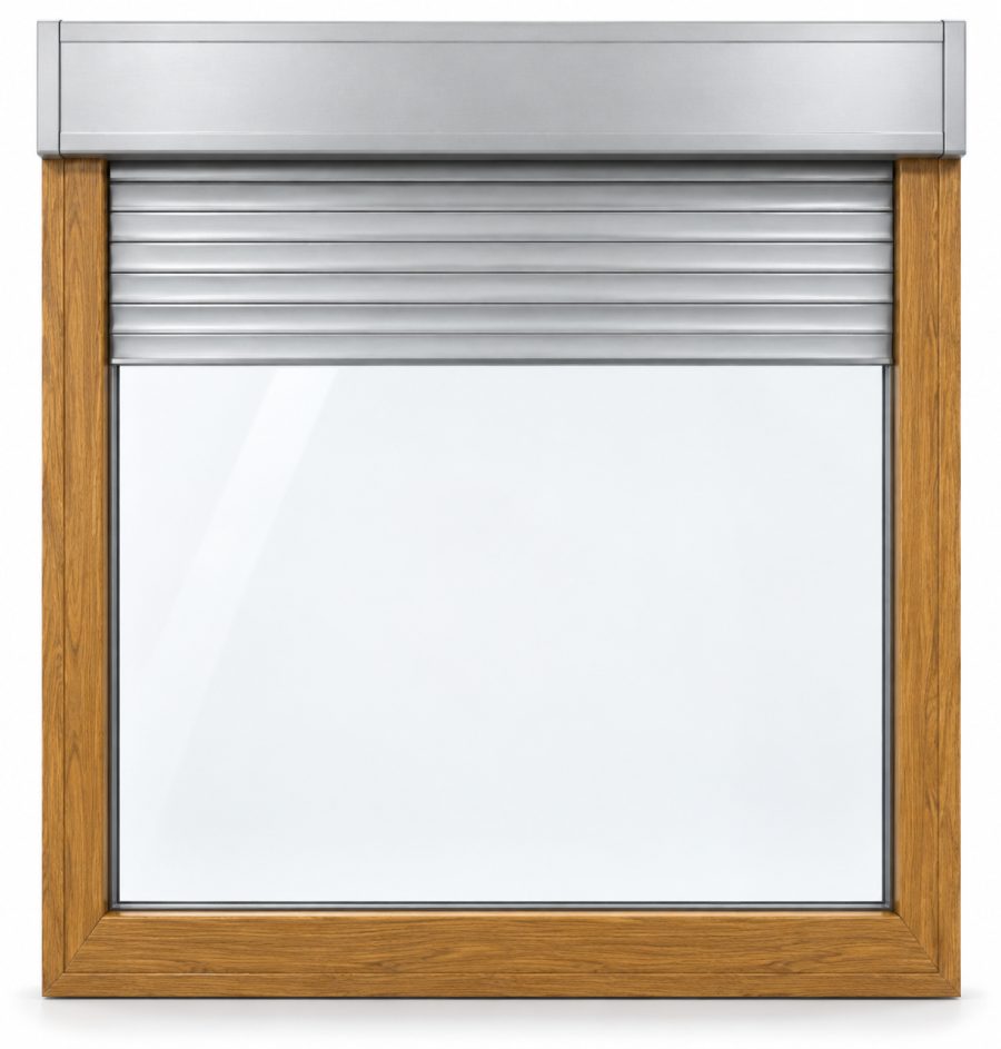 Ventana de PVC fija de una hoja en roble dorado con triple acristalamiento 4/14/4/14/4 y con persiana motorizada