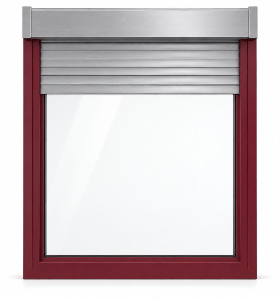Ventana de PVC fija de una hoja en rojo RAL 3004 con vidrio de control solar y con persiana motorizada