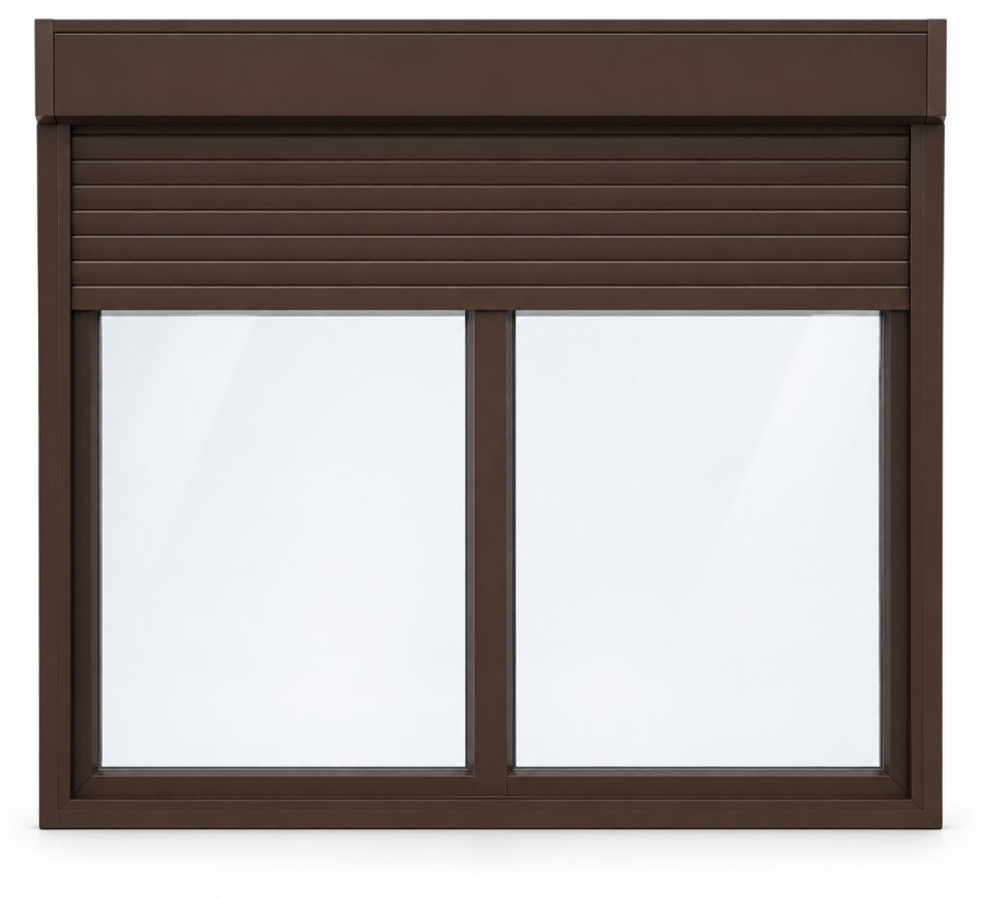 Ventana de PVC fija de dos hojas en marrón RAL 8017 con vidrio acústico de 42 dB, con persiana monoblock de aluminio y con herraje antirrobo RC2 certificado