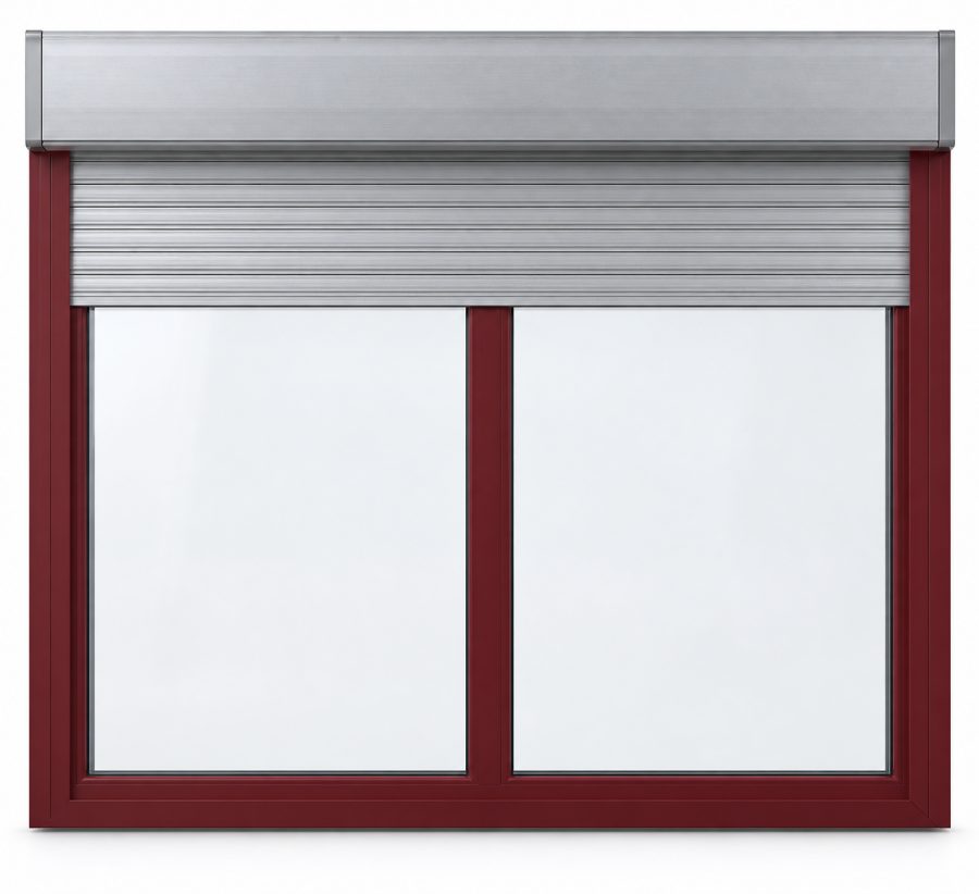 Ventana de PVC fija de dos hojas en rojo RAL 3004 con vidrio mate satinado y con persiana motorizada por mando y app