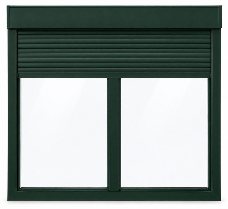 Ventana de PVC fija de dos hojas en verde RAL 6009 con triple acristalamiento 4/14/4/14/4, con persiana monoblock de aluminio y con herraje antipalanca RC1