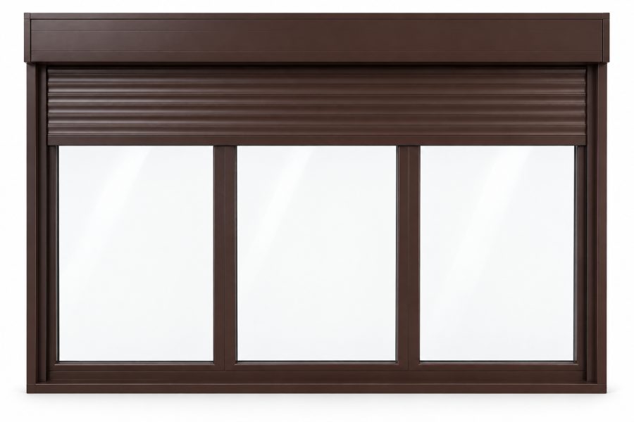 Ventana de PVC fija de tres hojas en marrón RAL 8017 con vidrio mate satinado y con persiana motorizada