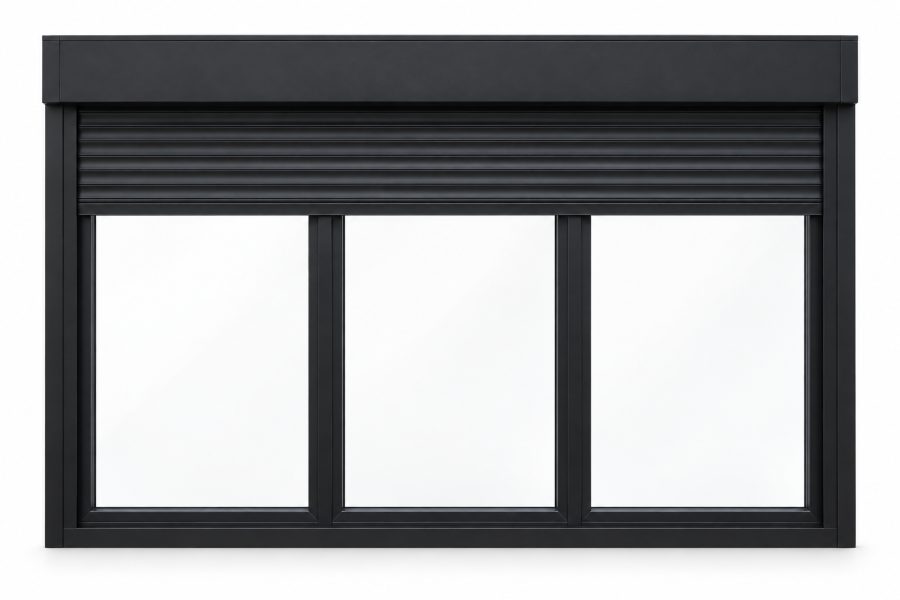 Ventana de PVC fija de tres hojas en negro RAL 9005 con vidrio mate satinado, con persiana motorizada y con herraje antirrobo RC2 certificado
