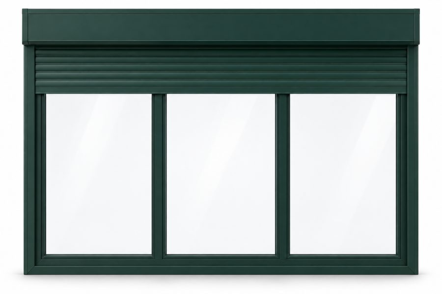 Ventana de PVC fija de tres hojas en verde RAL 6009 con vidrio mate satinado y con persiana monoblock de aluminio