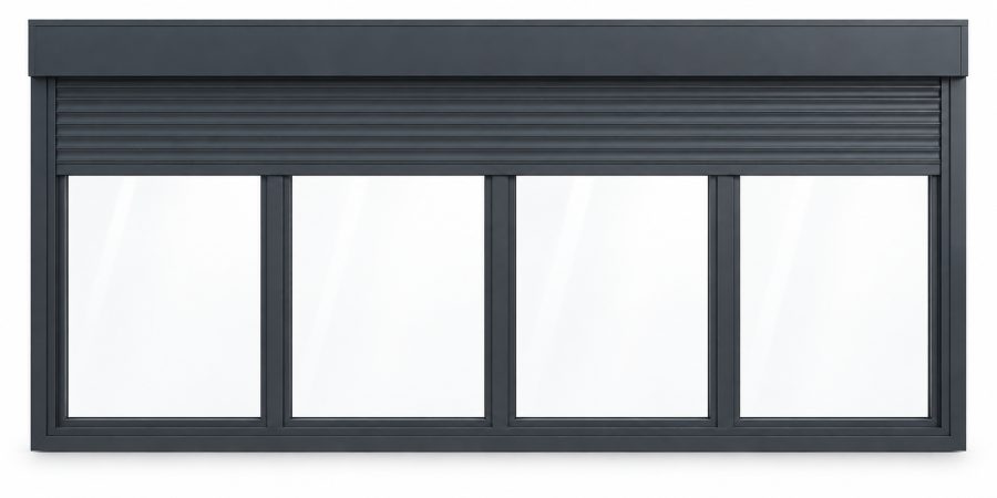 Ventana de PVC fija de cuatro hojas en gris antracita RAL 7016 con triple acristalamiento 4/14/4/14/4 y con persiana motorizada