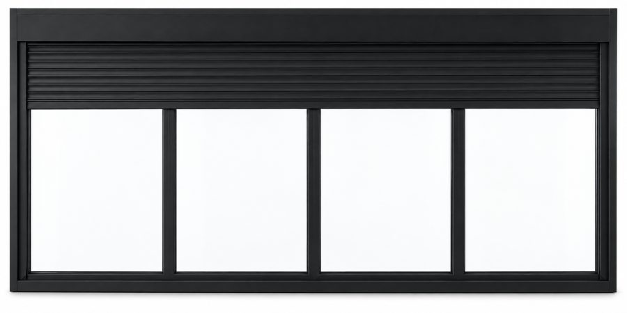 Ventana de PVC fija de cuatro hojas en negro RAL 9005 con vidrio acústico de 42 dB y con persiana motorizada