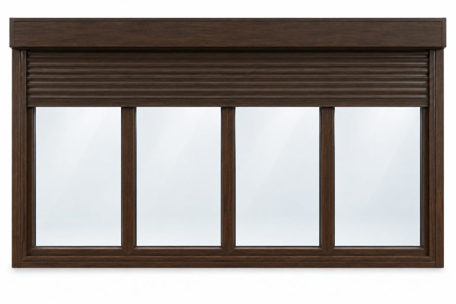 Ventana de PVC fija de cuatro hojas en nogal con vidrio doble bajo emisivo 4/16/4 y con persiana monoblock de aluminio