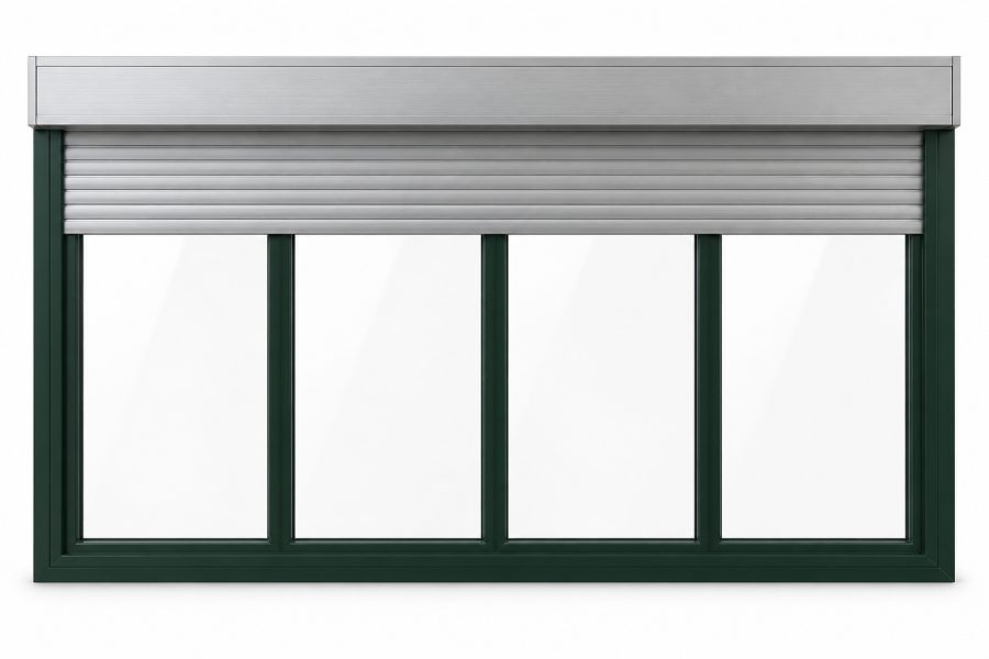 Ventana de PVC fija de cuatro hojas en verde RAL 6009 con vidrio mate satinado y con persiana monoblock de aluminio