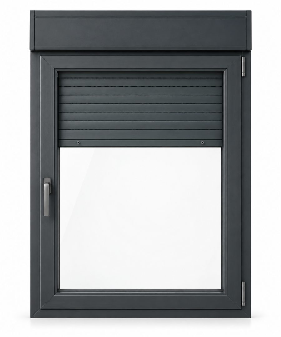 Ventana de PVC oscilobatiente de una hoja en gris antracita RAL 7016 con vidrio de control solar, con persiana monoblock de aluminio y con herraje antipalanca RC1